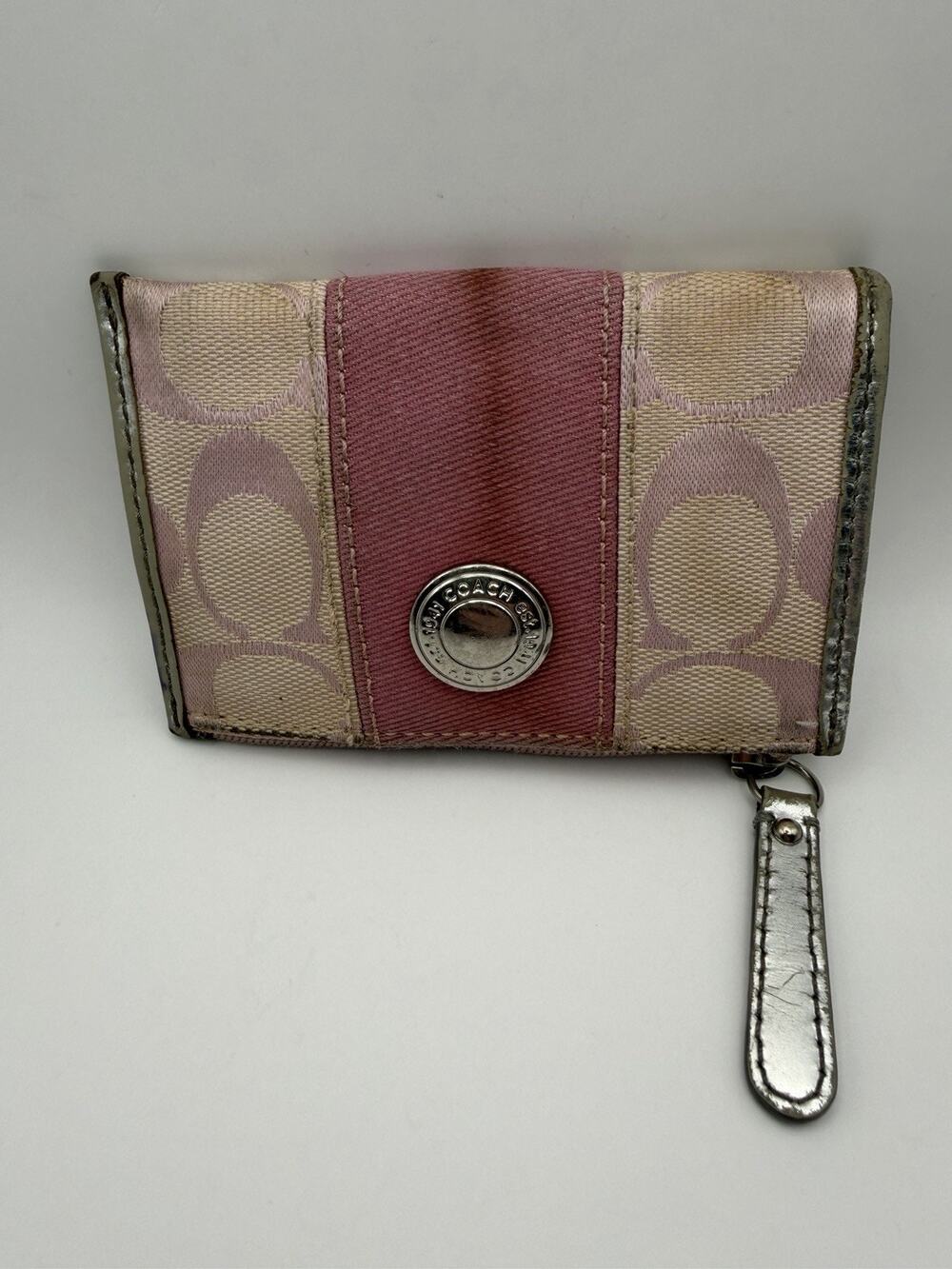 Vintage Coach Pink Mini Skinny Wallet Key Ring Zip Coin Pouch Card Case